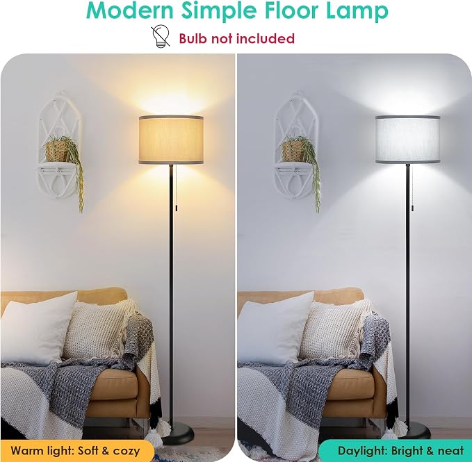 FOLKSMATE Floor Lamp for Living Room, Modern LED Simple Standing Lamp, Minimalist Tall Light for Bedroom, Office, Kids Room, Reading, Black Pole With Grey Shade, Without Bulb