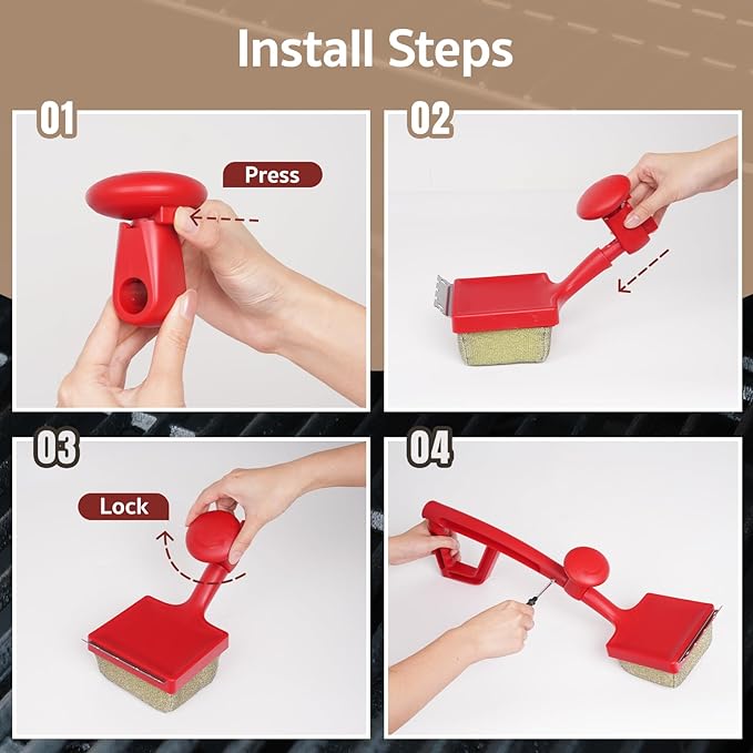 GASPRO Steam Grill Brush Bristle Free for Outdoor Grill, BBQ Cleaning Brush Set with 2 Replacement Heads, Heat-Activated Sponge & Scraper, Ergonomic Handle, Safe for Most Grates, Red