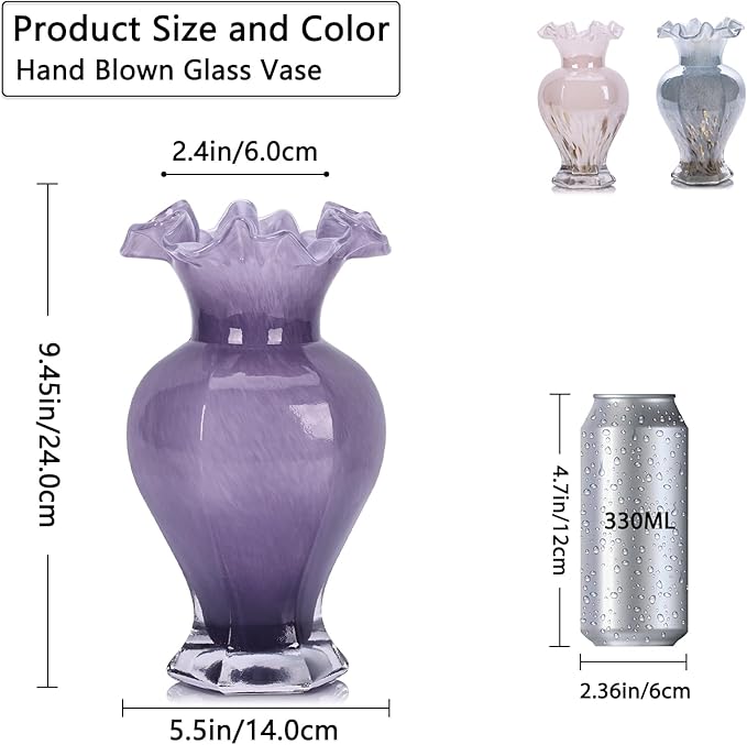 9.5" Tall Purple Glass Vase Beautiful Hand Blown Glass Decor Flowers Vases for Centerpieces, Modern Murano Glass Art Purple Vase, for Home Decor Table Entryway Wedding Decoration