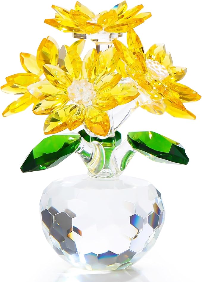 YWHL Handmade Yellow Crystal Flower Figurine with Base, Beautiful Glass Flower Gifts for Women, Flower Collectible Figurines Decoration for Christmas, Valentine's Day, Wedding (Yellow)
