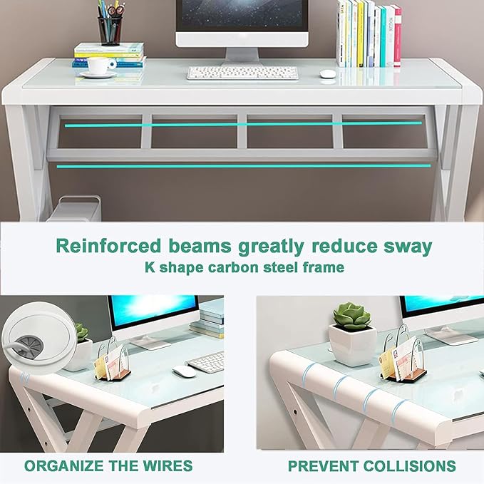 SAMERY Computer Desk & Gaming Desk, Home Office Desks 55.1 Inch- Modern Simple Writing Study White Glass Computer Desk Space-Saving Multipurpose Workstation with Metal Frame…