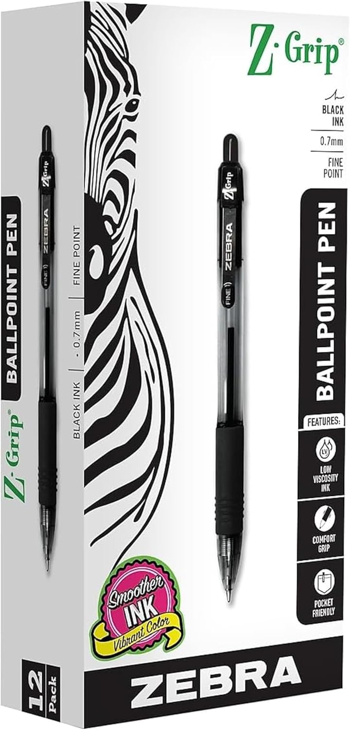 Zebra Pen Z-Grip Retractable Ballpoint Pens - Smooth-Flowing Ink, Fine Point 0.7mm, Black Ink, 12-Pack