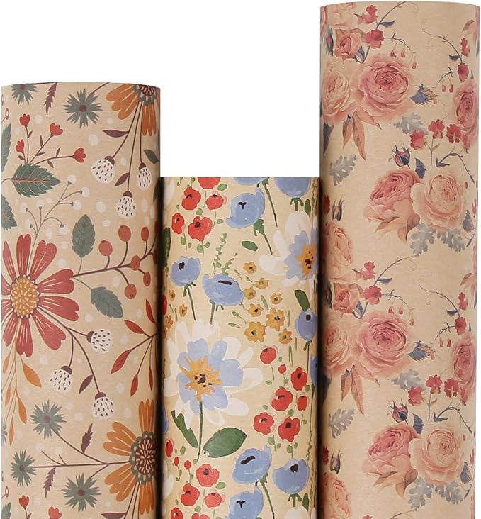 Aimyoo Kraft Floral Wrapping Paper Bundle, Vintage Spring Flowers Rose Gift Wrap Paper for Wedding Bridal Shower Birthday, 3 Rolls 17 in x 10 ft per Roll