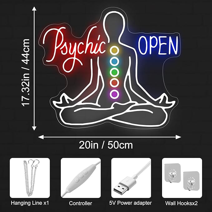 Psychic Open Neon Sign Charka Neon Light, Yoga Led Sign, Exercise Room Wall Decor, Buddha Lotus, Pilates Studio Art Meditation Room Wall Art Yoga Lover Gift, Psychic Chakras Healing Exercise, 20"*x17.3"