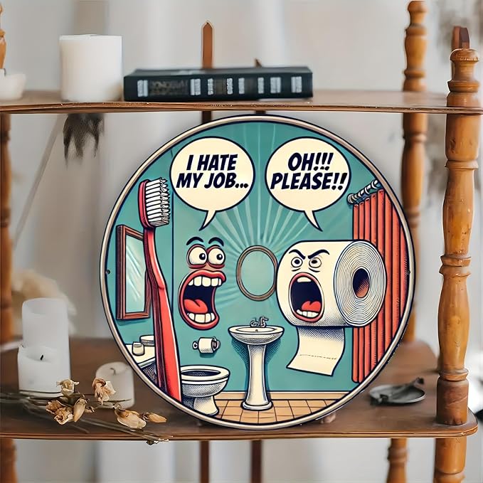 Room Decor 1pc Retro Aluminum Bathroom Sign, 7.98x7.98 inch Vintage Illustration, Humorous Toilet Theme Wall Art for Home, Office, Hotel Decor