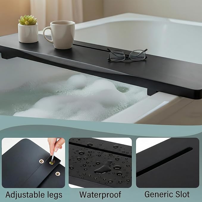 Elegant Black Bamboo Bathtub Tray Caddy for Freestanding Tub, 35" L Adjustable Bath Tray for Tub, Luxury Spa Bathroom Tray Organizer Table, Bath Tub Accessories for Women, Housewarming, Birthday Gifts