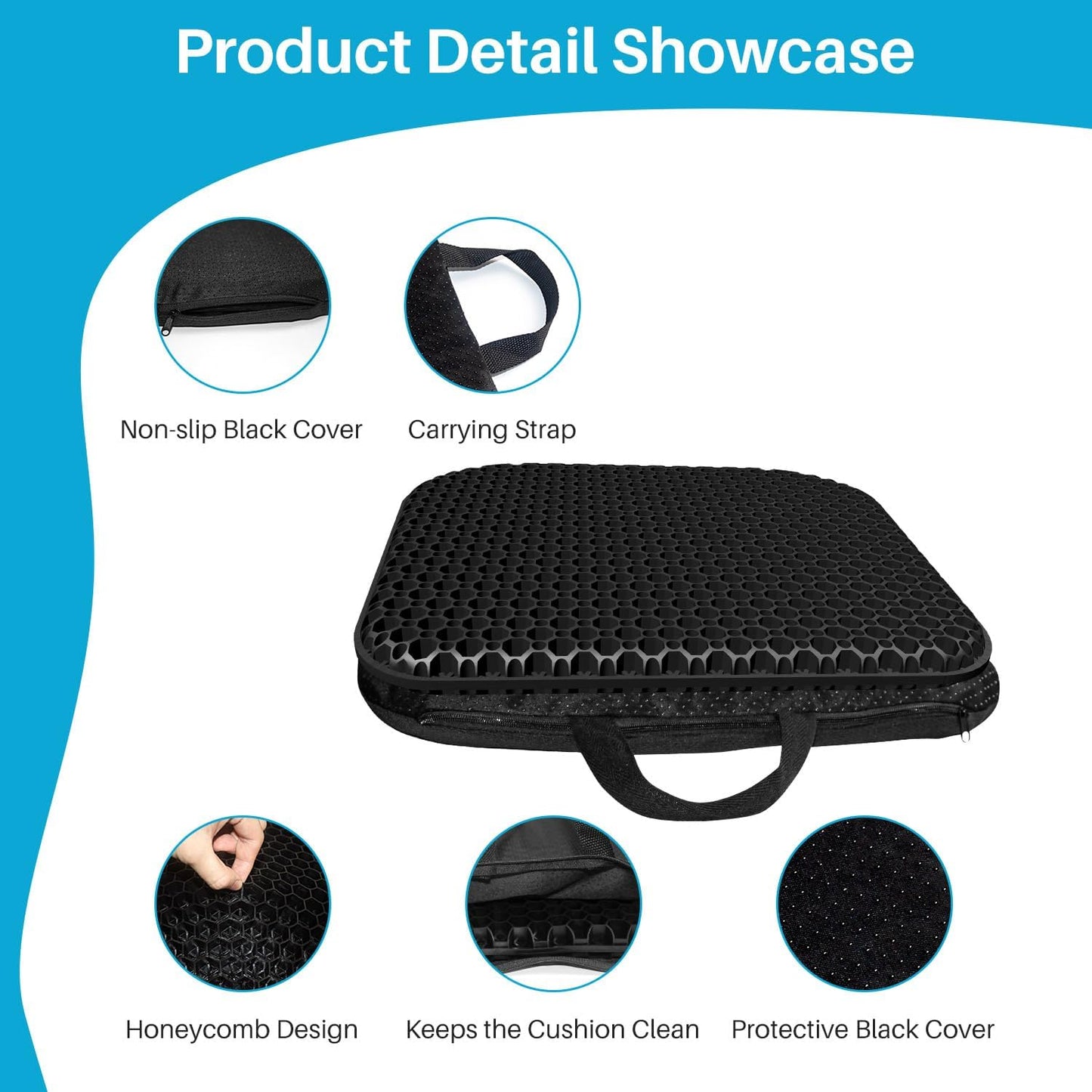 Skiennix Gel Seat Cushion - Thick, Soft & Breathable for Long Sitting | 18 x 17 Inches, Black