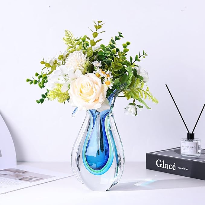 Blue Hand Blown Glass Vase – Oval Decorative Art Glass for Centerpieces, Murano Inspired Decor for Dining Room, Entryway Table, or Shelf, Handmade Glass Vase for Home Display (Blue Green)