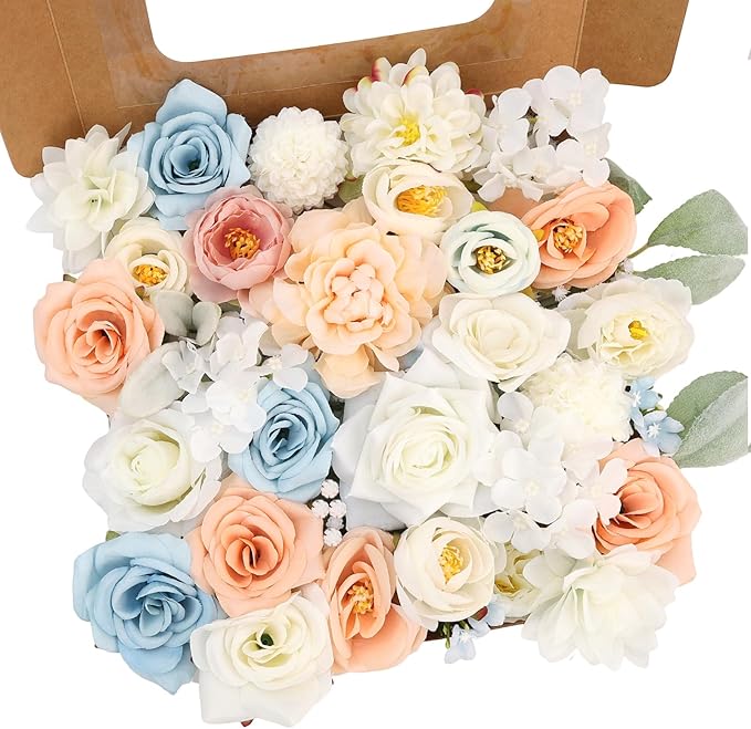 SwanMoon Artificial Flowers Combo Box Set, 36pcs Silk White Roses, Daisy & Peony with Stems for DIY Wedding Bouquets, Bridal Shower, Party Centerpieces & Home Decor