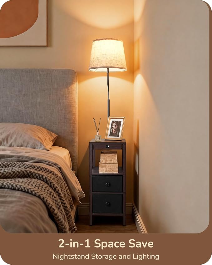 EDISHINE Floor Lamps for Living Room, Dimmable Bedside Floor Lamp with Table and 2 Shelves, USB-A+Type-C Port, Farmhouse Standing Light for Bedroom, Den, Office with Bulb, Dark Walnut