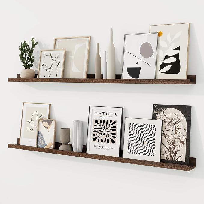 RICHFOCUS Picture Ledge Shelf, 48 inch Floating Shelves Set of 2, Wood Wall Shelves with Lip, Wall Decor Storage for Bedroom Living Room Bathroom Kitchen Nursery Photo Picture, Walnut
