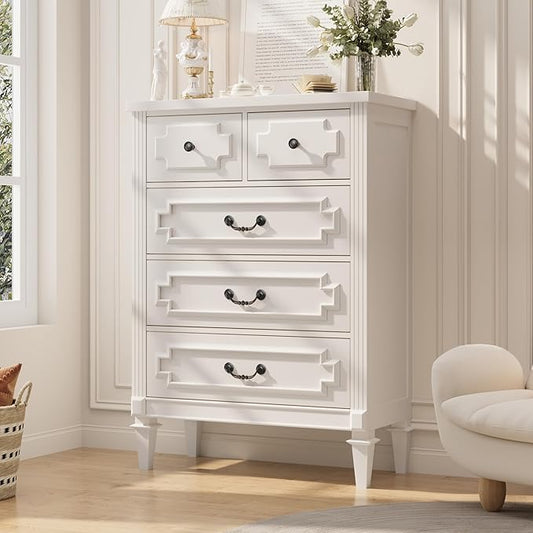 BLANKSPACE 5 Drawer Dresser for Bedroom, 44" Tall Dresser & Chest of Drawers wtih Vintage Surface, Closet Storage Cabinet for Living Room, Hallway, White