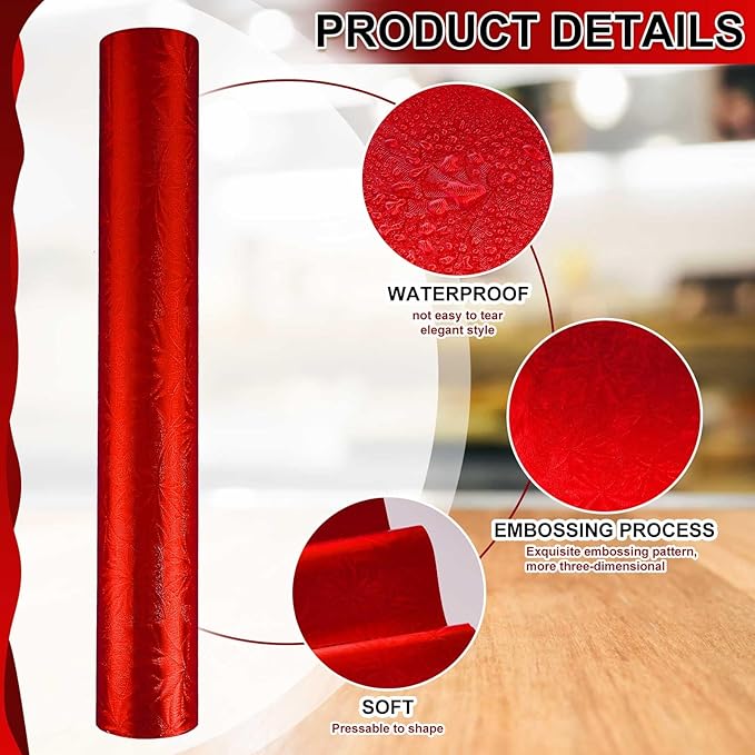 Jecery Embossed Floral Foil Paper Metallic Wrapping Paper Colored Foil Sheets for Crafts Scrapbook Florist Cake Board Cake Drums Gift Wrapping, 15.7 Inch 46 Ft (Red)