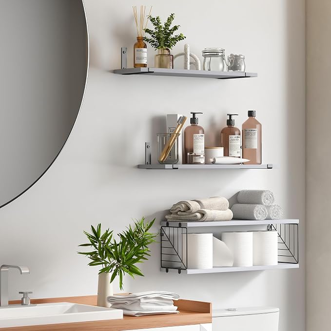 Fixwal 3+1 Tier Bathroom Floating Shelves Over Toilet, 15.8in Farmhouse Rustic Wood Shelves, Wall Decor for Bathroom, Living Room,Bedroom and Kitchen (Gray)