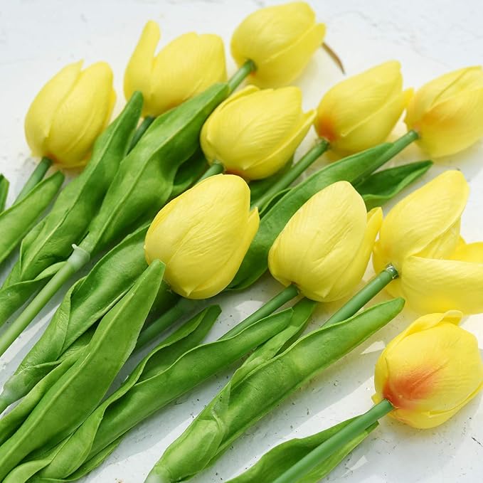 FiveSeasonStuff Real Touch Tulips Artificial Flowers – 15 Stems Faux Tulip Bouquet in Gift Box for Wedding, Home Decor, Party, Floral Arrangements (Candle Glow Yellow)