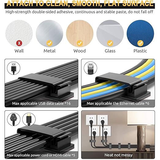 5Pcs Self Adhesive Cable Management Clips,Cable Organizers Wire Clips Cord Holder for PC Laptop Ethernet Cable Desktop Home Office(2.1’’ x 0.75’’ x 0.28’’, Black)