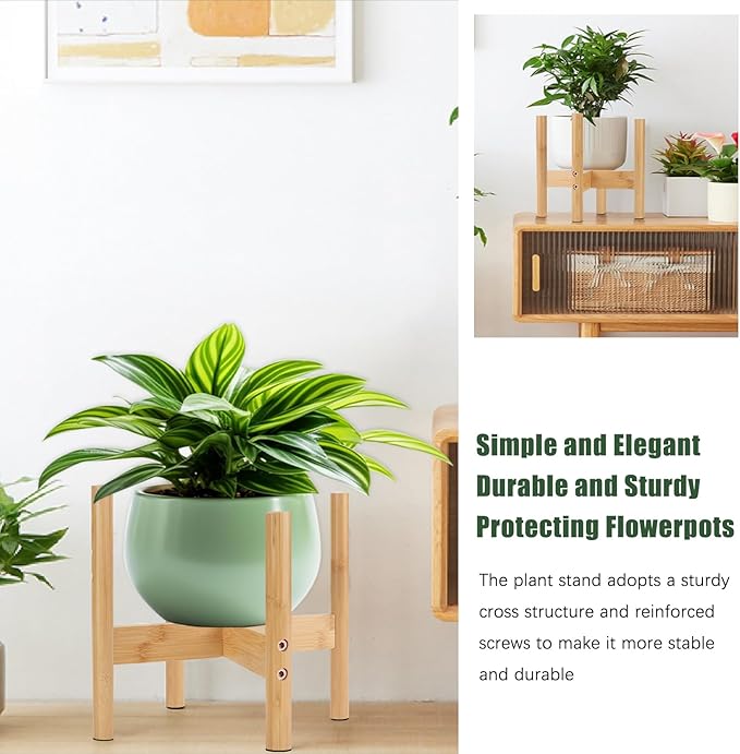 RETON Wood Plant Stand Indoor, Mid Century Modern Indoor Plant Stand, Wooden Plant Holder, Modern Bamboo Flower Pot Stand for Indoor, Outdoor, Garden, Yard, Office (9.9in, Medium)