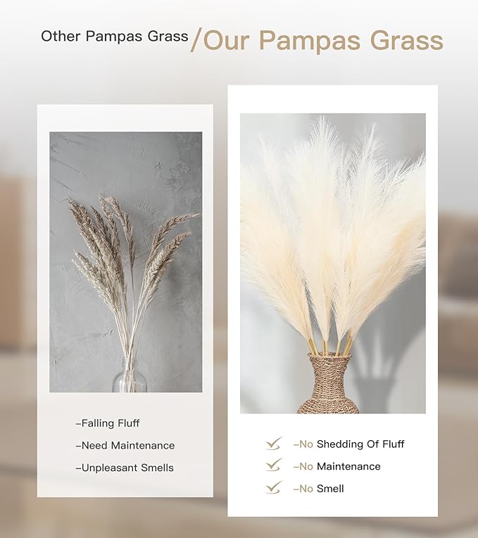 9 Pcs 45" Tall Pampas Grass Beige Decor, Long Stem Artificial Flower Floor Vase Large Faux Floral Pompas Fake Plants Dried Bouquet Arrangement Vase Filler for Boho Home Wedding Decoration