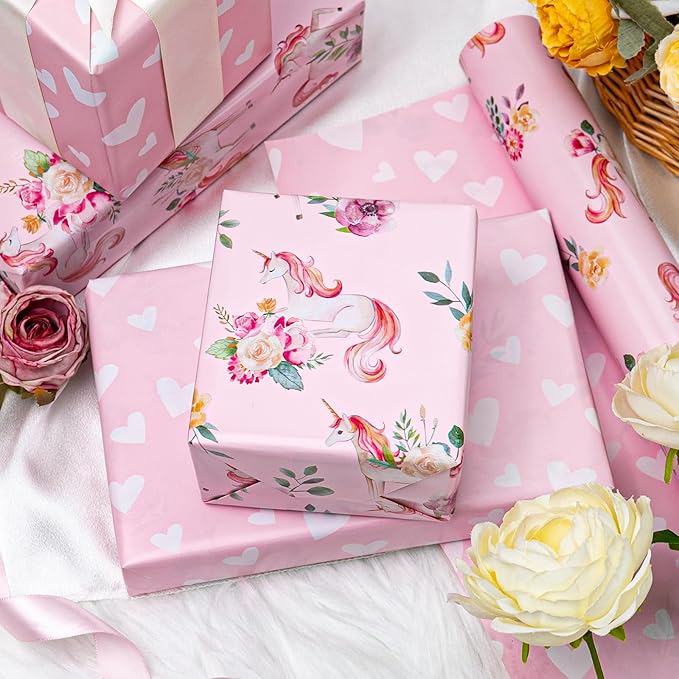 HOMERAL Pink Unicorn Wrapping Paper with Flower Designs - 17In x 33Ft (46.5sqft) Pink Unicorn Princess Gift Wrap with Hearts Reverse for Girls Birthday, Baby Shower, Valentines Day, Mothers Day, DIY Crafts