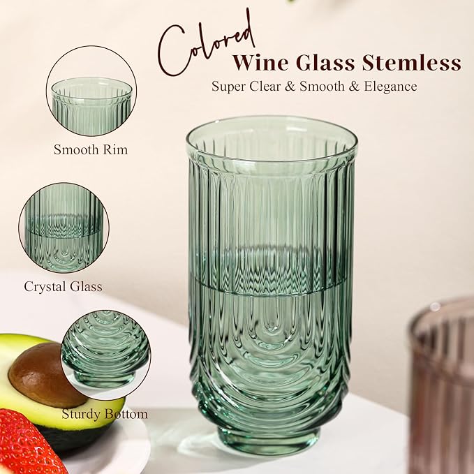 Colored Vintage Drinking Glasses Set of 6-17oz Hand-Blown Highball Ribbed Glassware, Arch Design Cocktail Glasses for Whiskey Water Beverages Ice Coffee Juice Milk