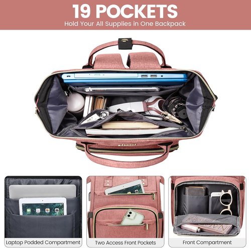 LOVEVOOK Laptop Backpack - 18-Inch Waterproof Travel Bag with USB Port for Women | Light Pink
