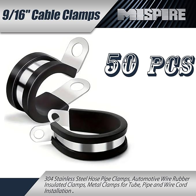 MISPIRE 9/16 Inch Rubber Cable Clamps 50 PCS, 304 Stainless Steel Hose Pipe Clamps, Automotive Wire Rubber Insulated Clamps, Metal Clamps for Tube, Pipe and Wire Cord Installation