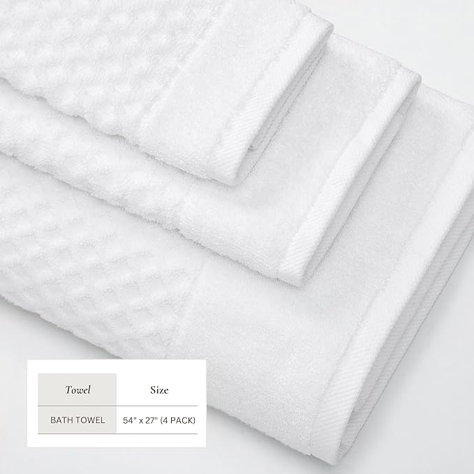Great Bay Home Bath Towels - 100% Cotton 4 Pack 54x27 Bath Towel Set - Absorbent, Durable, Quick-Dry Towels for Bathroom (Optic White)