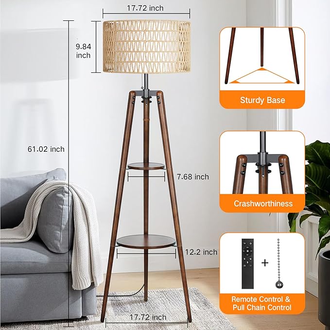 OUTON Boho Rattan Tripod Floor Lamp with Shelves, Dimmable Mid Century Modern Standing Lamp with Remote Control,Wood Tall Floor Lamps for Living Room Bedroom Office Farmhouse Bulb Included, Walnut