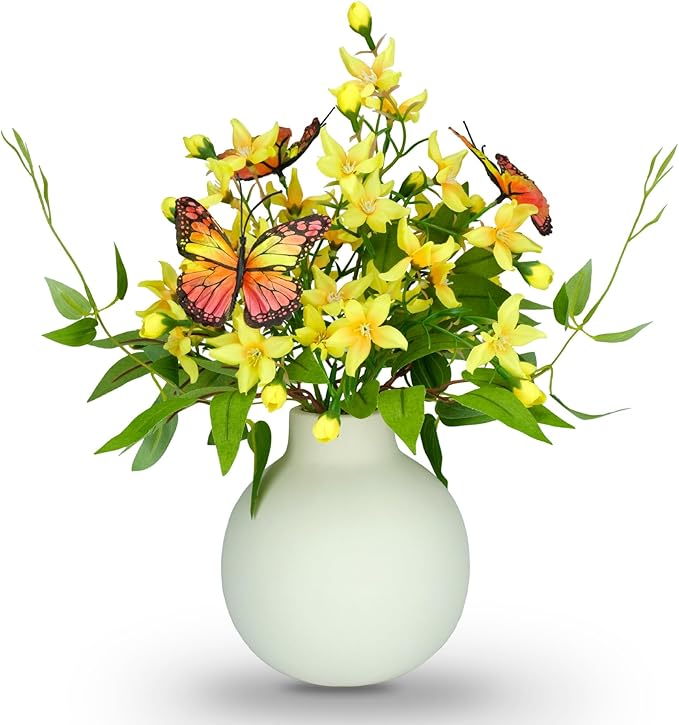 HOSY Artificial Freesia Bouquet in Ivory Ceramic Vase, Silk Flower and Butterfly Arrangements for Table Centerpiece Decoration (Freesia)