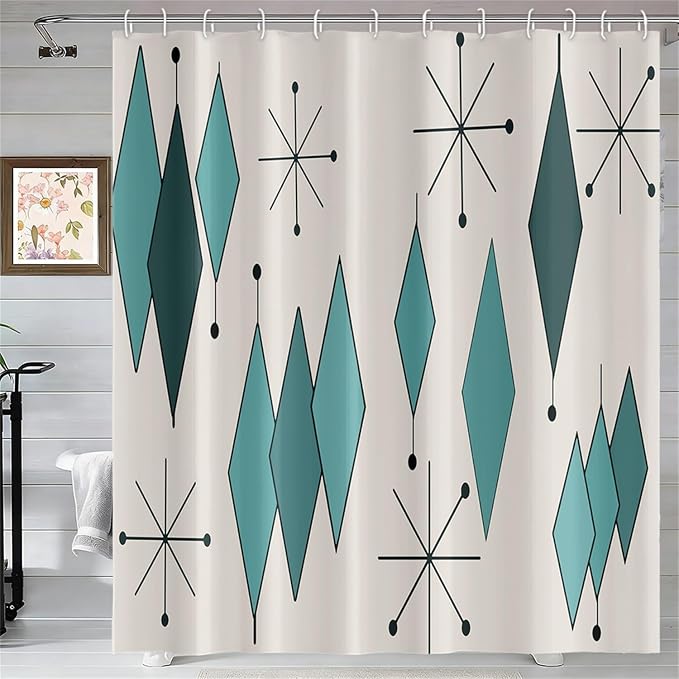 Mid Century Turquoise Shower Curtain Abstract Teal Diamond Geometric Atomic Starburst Pattern Beige Backdrop for 1950s Retro Bathroom Decor Shower Curtain Set with 12 Hooks, 65x72 Inches