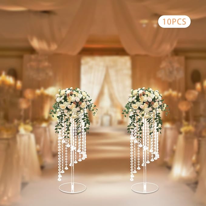 10 Pcs 23.6 Inch Acrylic Crystal Flower Stands, Tall Wedding Centerpieces for Tables with Crystal Chains, Clear Modern Flower Vase Stands for Party Event Home Hotel Decor