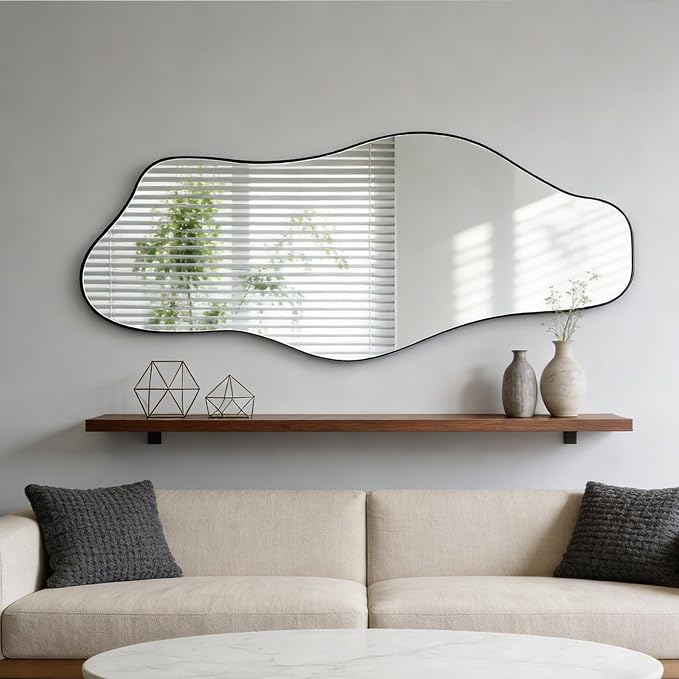 Irregular Wall Mirror, 60"x24" Asymmetrical Tempered Glass Mirror, Large Frameless Organic Shape Mirrors for Entryway Hallway Bedroom Living Room, Horizontal or Vertical Hanging
