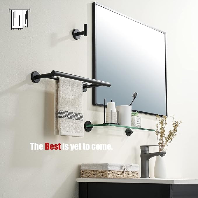 JQK Double Towel Bar Black, 15 Inch 304 Stainless Steel Thicken 0.8mm Towel Rack Holder for Bathroom Washcloths and Hand Towels, Matte Black Wall Mount, Useable Length 12 Inch, TB100L12-PB