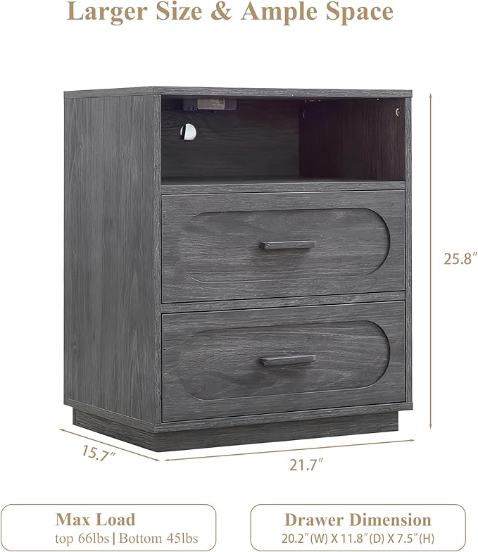 Night Stand Set of 2 with Charging Station, 25.8" Tall Wide Wood End Table with 2 Storage Drawers and Open Shelf, Mid Century Modern Bedside Table for Bedroom, Living Room, Gray