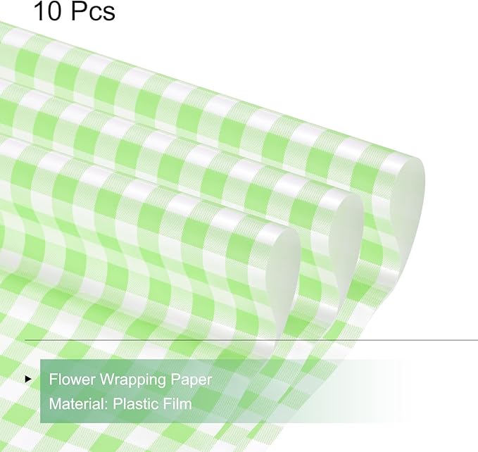 MECCANIXITY Flower Wrapping Paper Waterproof Floral Wrap Plaid Light Green Gift Packaging 22.8 x 22.8 Inch Used for DIY Crafts Bouquet Packaging 10 Pcs