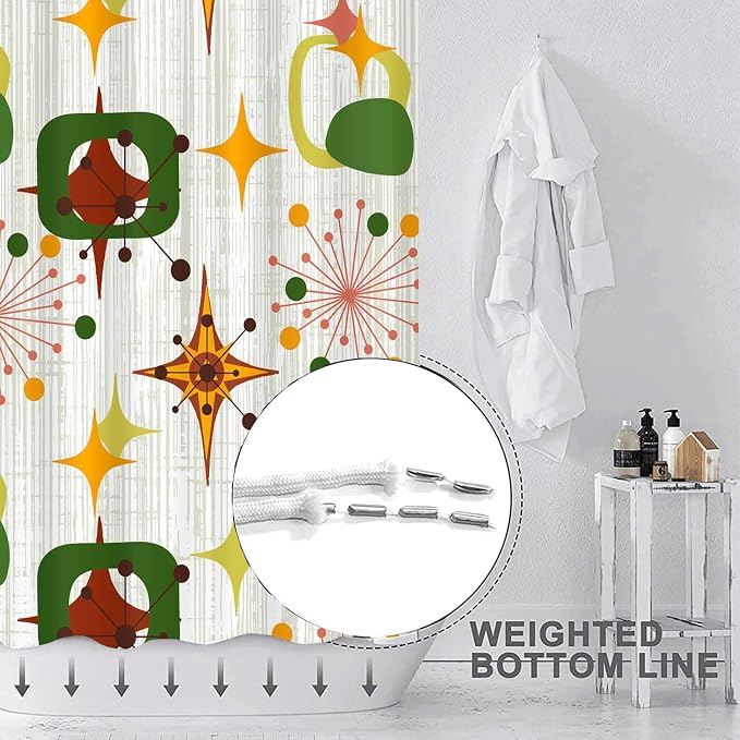 Mid Century Shower Curtain, 72x72inch, Modern Abstract Retro Green Striped Geometric Shower Curtain Sets 1950s Boho Bathroom Shower Curtain with 12 Hooks