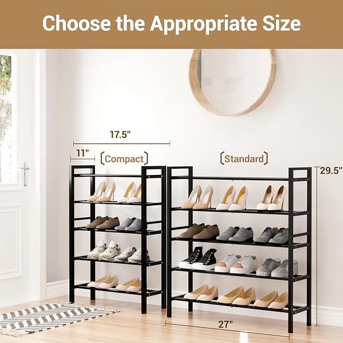 Haddockway Bamboo Shoe Rack for Closet, Free Standing Shoe Organizer with Smooth Round Rods & Convenient Handles, Stackable Shoe Storage Shelf for Entryway, Hallway(Black, 5-Tier)