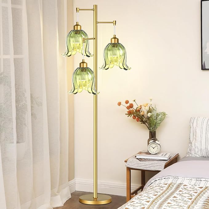 QIYIZM Gold Floor Lamp for Living Room,Bedroom,Tree 3 Light Standing Lamp Mid Century Modern Brass Tall Floor Lamps Vintage Retro Floor Lights Green Glass Flower Lamp Shade Farmhouse Boho Bohemian