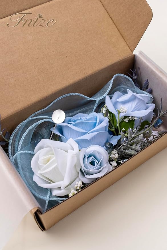 Fnize Blue Corsage and Boutonniere Set for Bride Groom Bridesmaids Groomsmen Wedding Homecoming Flowers Prom Suit Accessories, Rose Boutonniere and Wrist Corsage Flower