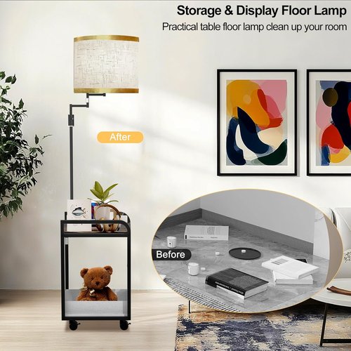 Lightdot 63-Inch Floor Lamp - Modern Adjustable Fabric Shade with Movable Casters | Black, Bulb Included