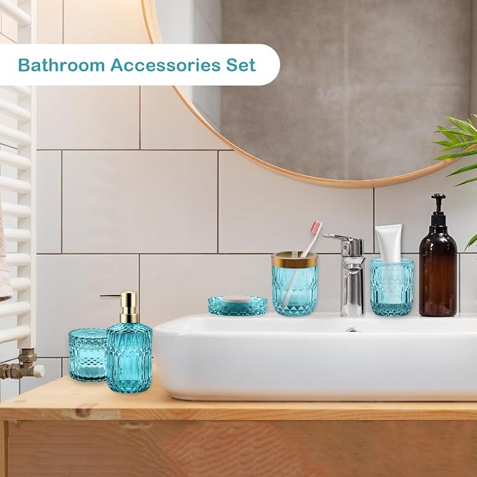 5Pcs Cyan Bathroom Accessories Set, Glass Bathroom Accessories, Vintage Bathroom Countertop Decoration Includes Soap Dispenser, Toothbrush Holder, Qtip Holder,Soap Dish and Rinsing Cup
