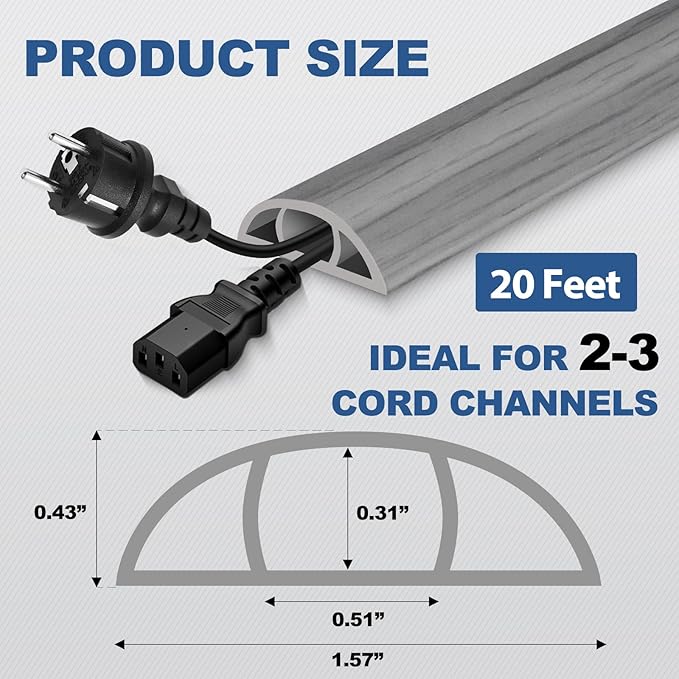 Floor Cord Cover for Wires on Floor Self Adhesive Cord Hider Floor Cable Management Wire Covers for Cords Protector Prevent Cable Trips Cord Cavity W 0.51" x H 0.31", Gray Wood, 20Ft