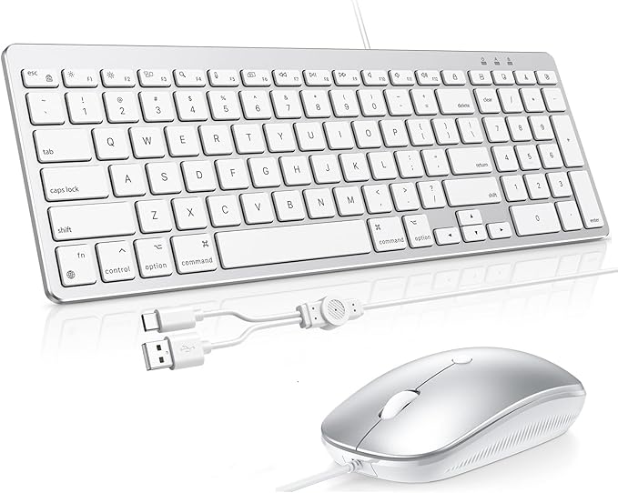 OMOTON Keyboard and Mouse for Mac, Wired Keyboard with Numeric Keypad Dual Interface (Type-C & USB), Mouse with USB A Interface Compatible with MacBook Pro/Air, iMac, Mac mini/Pro Laptop, Silver White