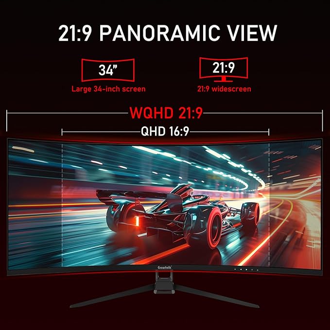 Gawfolk 34 Inch Ultrawide Curved 144Hz Gaming Computer Monitor 1500R PC Screen 21:9 UWQHD (3440x1440),Adaptive Sync,178° Viewing Angle,Display Port 1.4、HDMI 2.0,Compatible with Wall mounting -Black