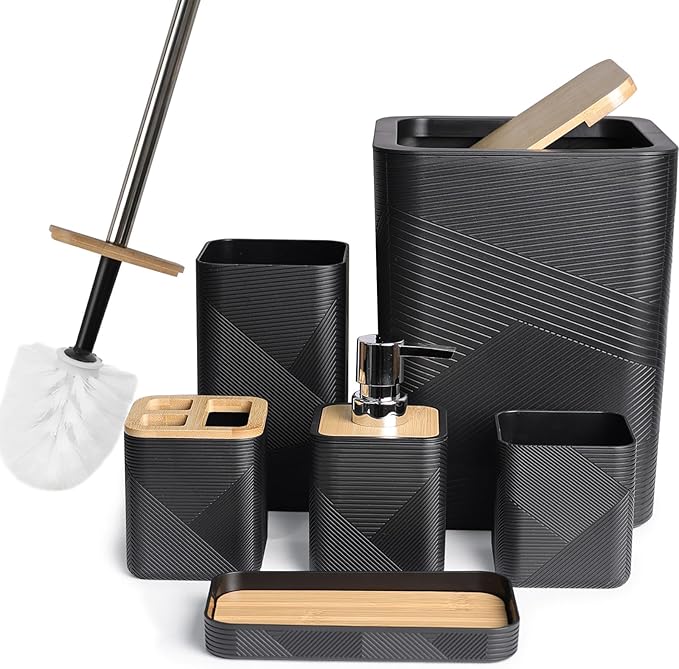 CERBIOR Bathroom Accessories Set 6 Piece Bamboo Bath Ensemble Includes Soap Dispenser, Toothbrush Holder, Toothbrush Cup, Soap Dish for Decorative Countertop and Housewarming Gift (Black)