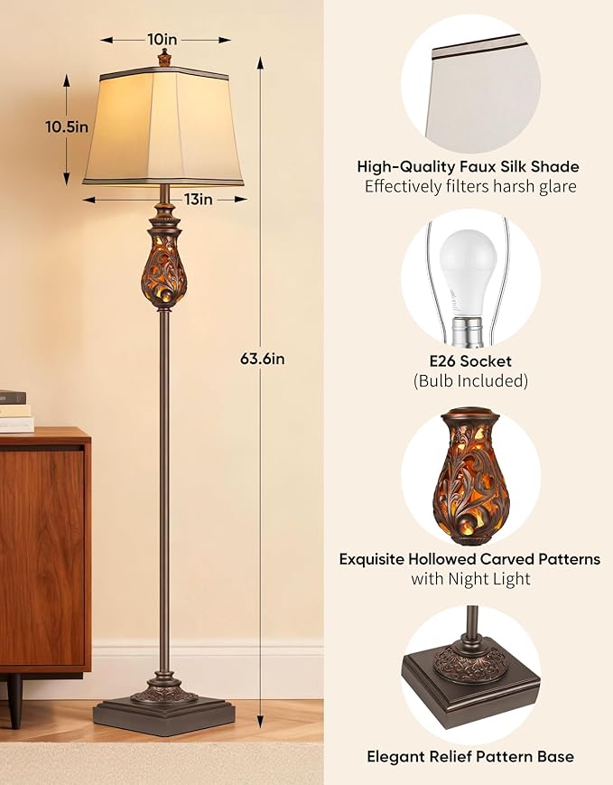 64'' Vintage Floor Lamp with Nightlight, Rustic Farmhouse Tall Standing Lamp with Rotary Switch and Beige Faux Silk Shade for Living Room, Corner, Bedroom, House Decor, Brown (Bulb Included)