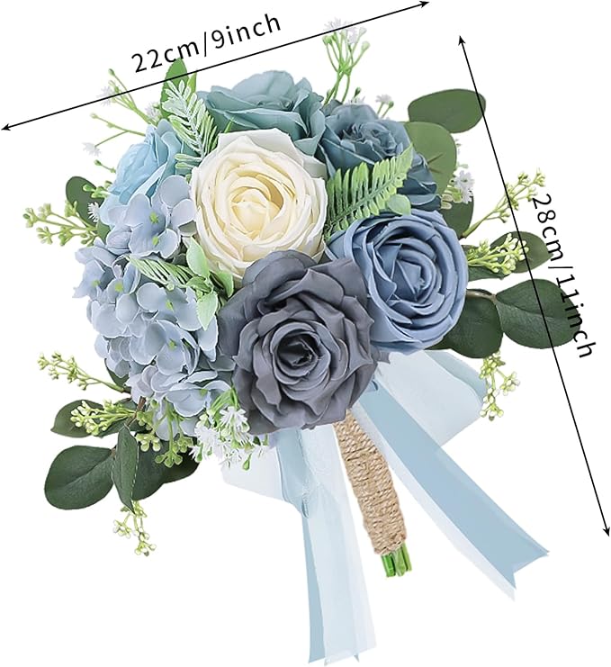 Set of 6 Bridesmaid Bouquets for Wedding - Artificial Bouquets for Bridesmaids Flowers Silk Floral Ceremony Anniversary Centerpieces Decorations - Dusty Blue and White，7 Inch