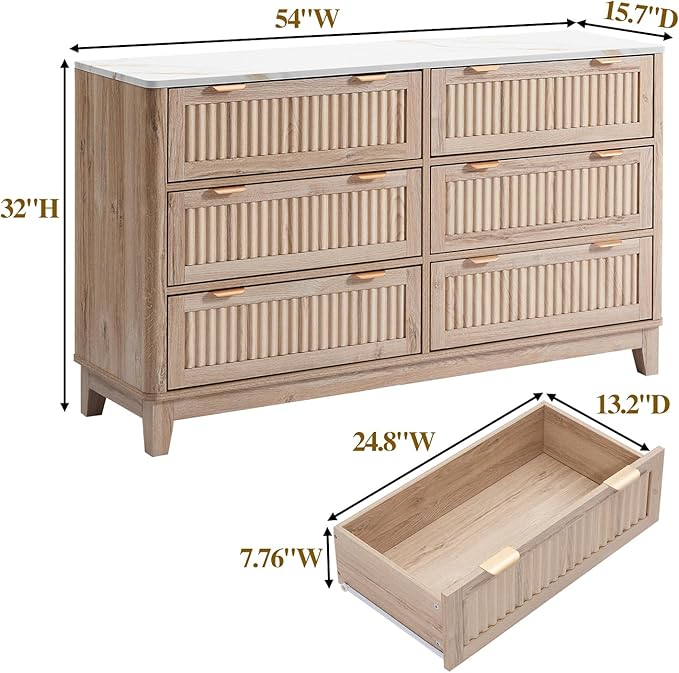 6 Drawers Dresser for Bedroom, 54" Large Storage Dresser, Farmhouse Wood Dressers with Faux Marble Top, Modern Dressers & Chests of Drawers for Living Room Entryway, Fluted Curved Profile, Natural Oak