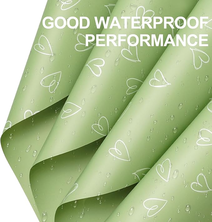 WRAPAHOLIC 20 Sheets Flower Wrapping Paper - 22.8 x 22.8 inch Green Love Design Water-Resistant Floral Bouquet Wrapping Paper, Florist Supplies Packaging for Wedding Birthday Gift DIY