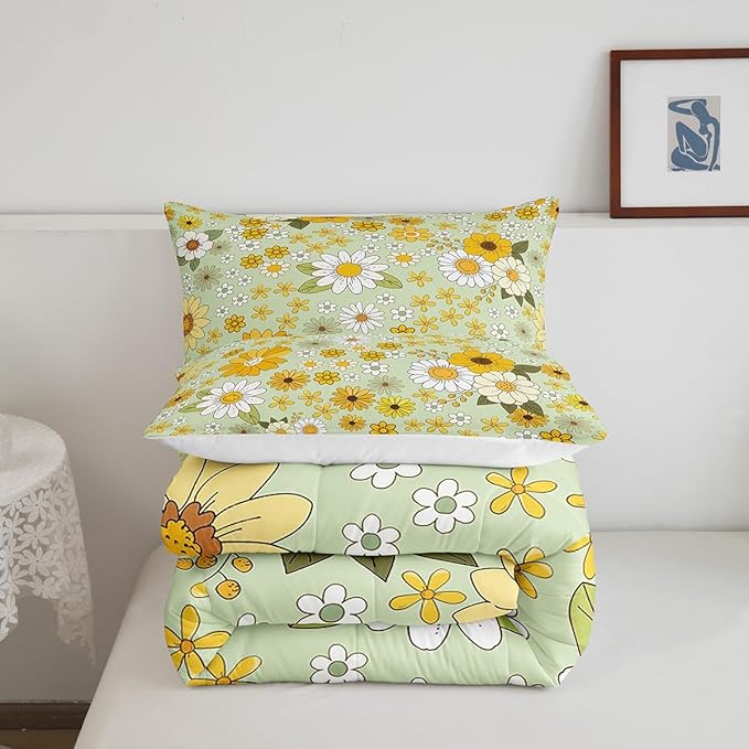 Vintage Floral Bedding Comforters King Size,Boho Spring Fresh Flowers Boys Girls Comforter Set Room Decor,Trippy Hippie Groovy Botanical Modern 3pcs Bedding Set Chic Xmas Present